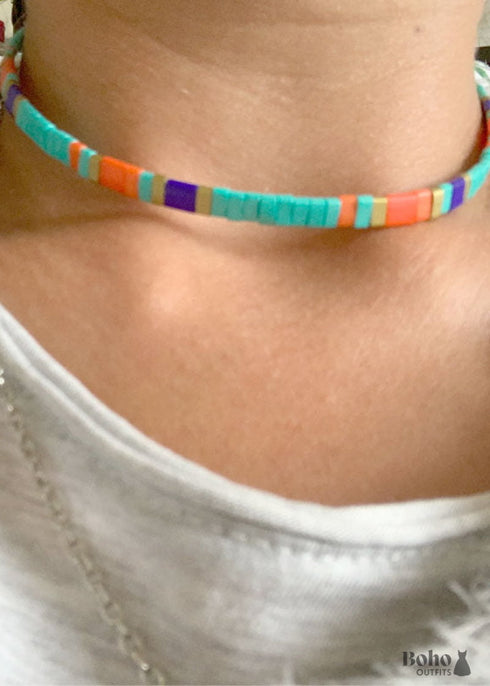 Boho Necklace, Tila Bead Choker with Bracelet, Color of Life
